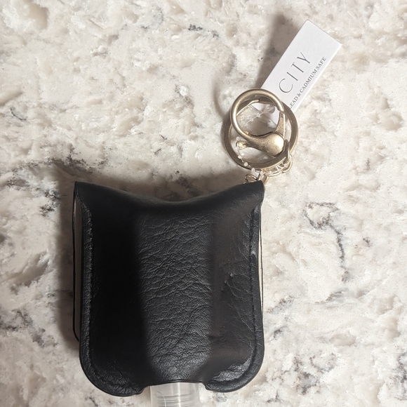 Black Leather Cross Hand Sanitizer Holder Keychain - Picture 3 of 4